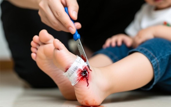 小孩的脚砍了一下有个口子怎么办