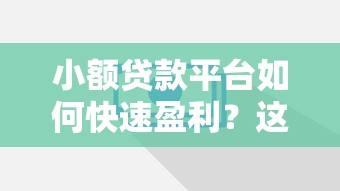 小额贷款平台如何快速盈利？这8个方法让你赚得更多